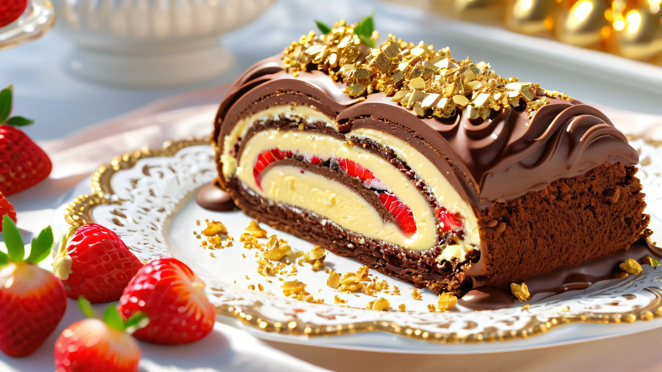 4K Golden Hour Chocolate Indulgence Desktop Background Majestic choco roulade dessert on a warm and inviting vintage-inspired tablecloth for Desktop/PC use.