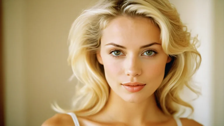 A beautiful blonde woman posing indoors with a natural, realistic atmosphere and soft light. Suitable for desktop or PC.