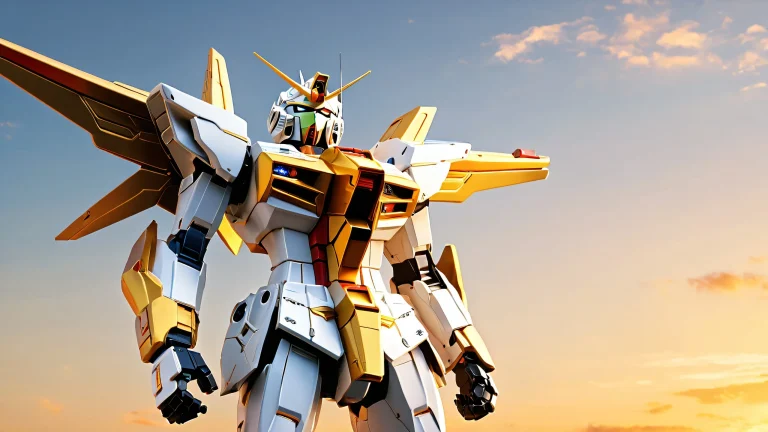 Majestic golden Gunpla soaring through a cloudy blue sky with hints of orange sunset tones, leaving a trail of shimmering sparks and particles behind, set against a serene open landscape with rolling hills and distant mountains.