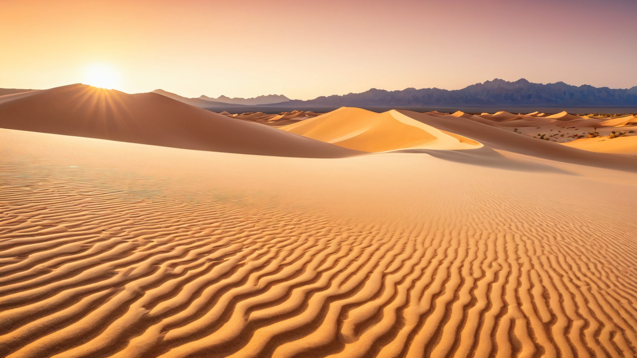 A serene and majestic desktop wallpaper featuring endless white gypsum dunes with rocky outcroppings and sparse cacti, set against a warm golden hour sky with distant mountain ranges and subtle pink undertones.