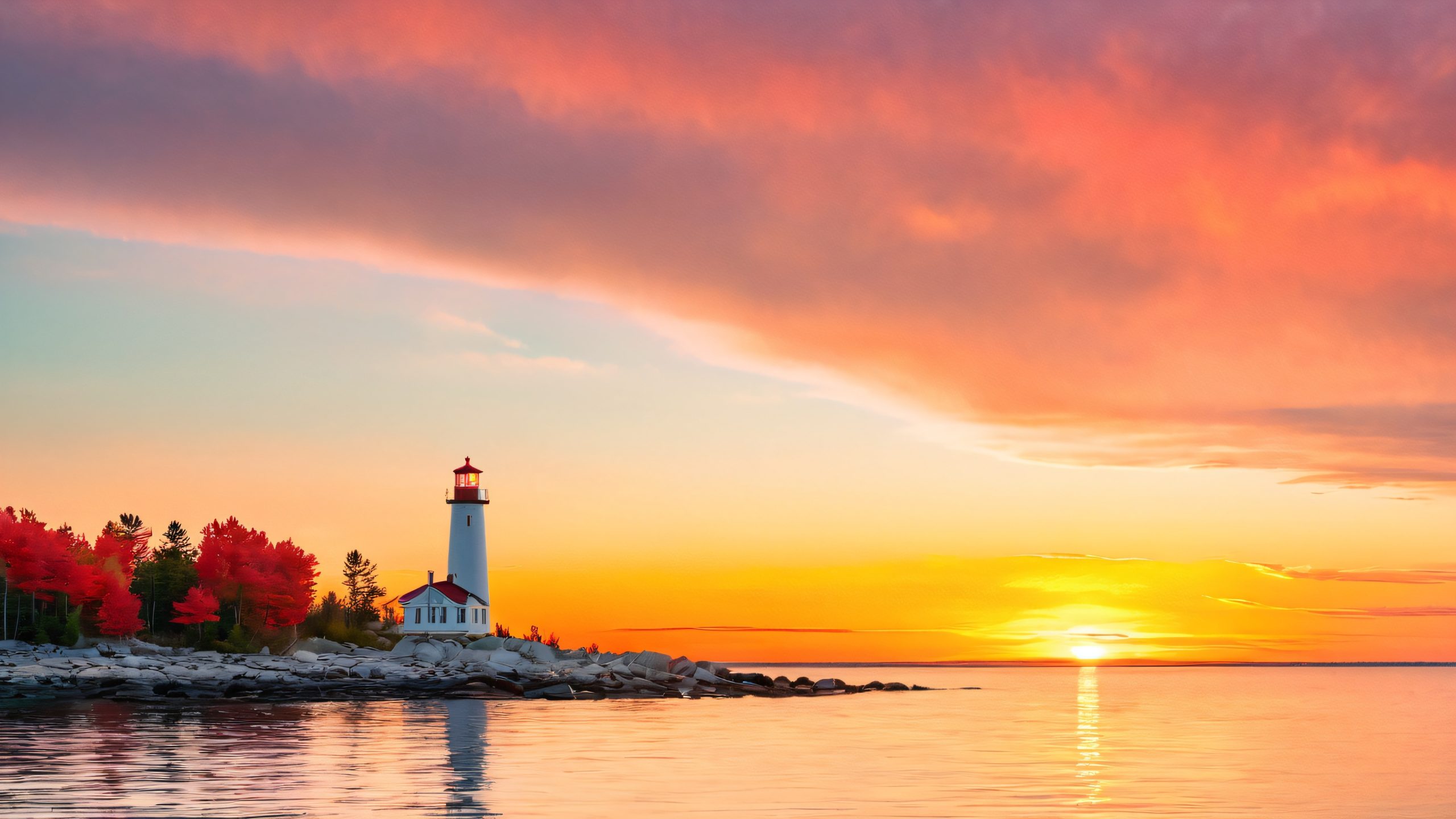 A majestic lighthouse standing tall on the Lake Huron shoreline, illuminated by the warm glow of sunset, perfect for a peaceful desktop or PC background.