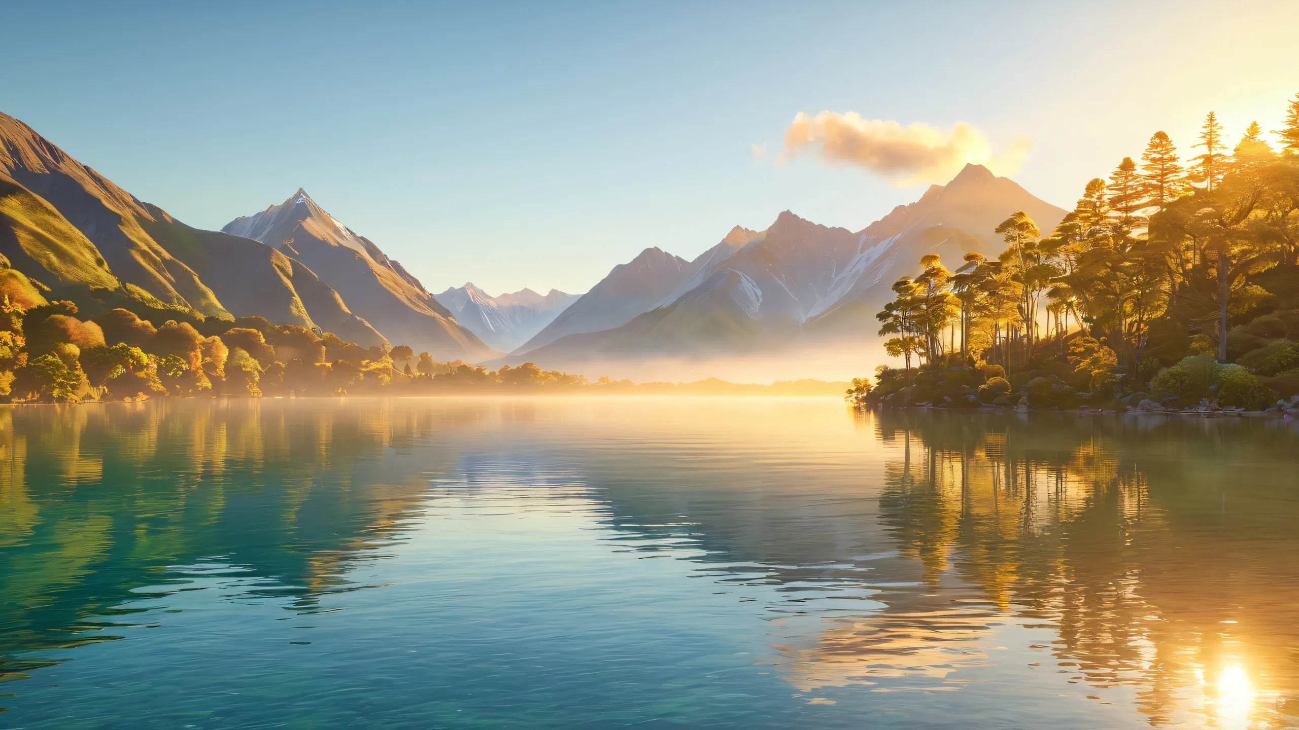 Serene lake landscape with crystal-clear waters reflecting majestic mountains, lush greenery, and deciduous trees. Desktop/PC wallpaper for a peaceful atmosphere.