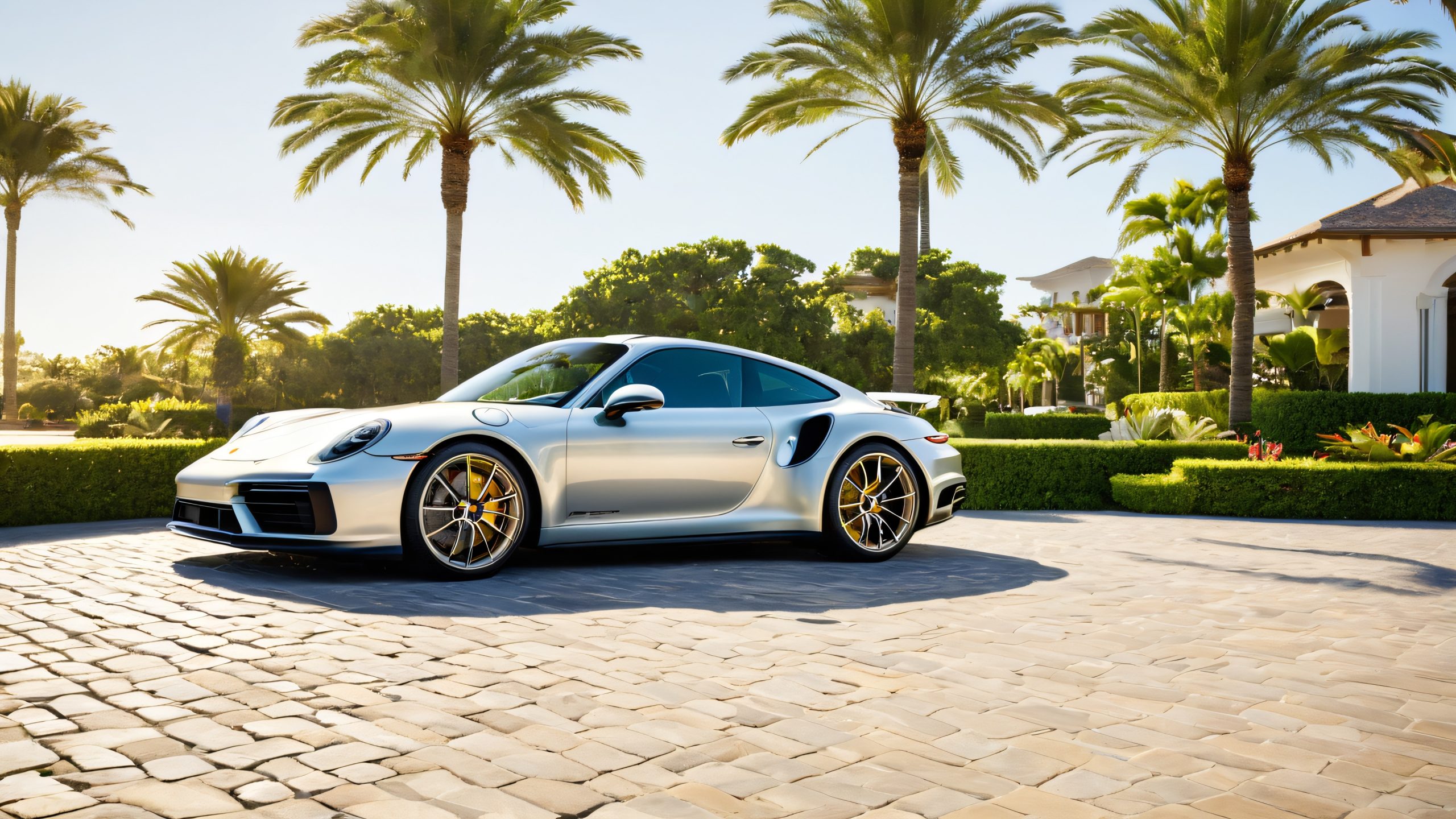 Sleek Porsche parked on cobblestone driveway of luxurious high-end resort, palm trees swaying in the breeze, gentle waves and seagulls filling the air. Suitable for desktop/PC background.