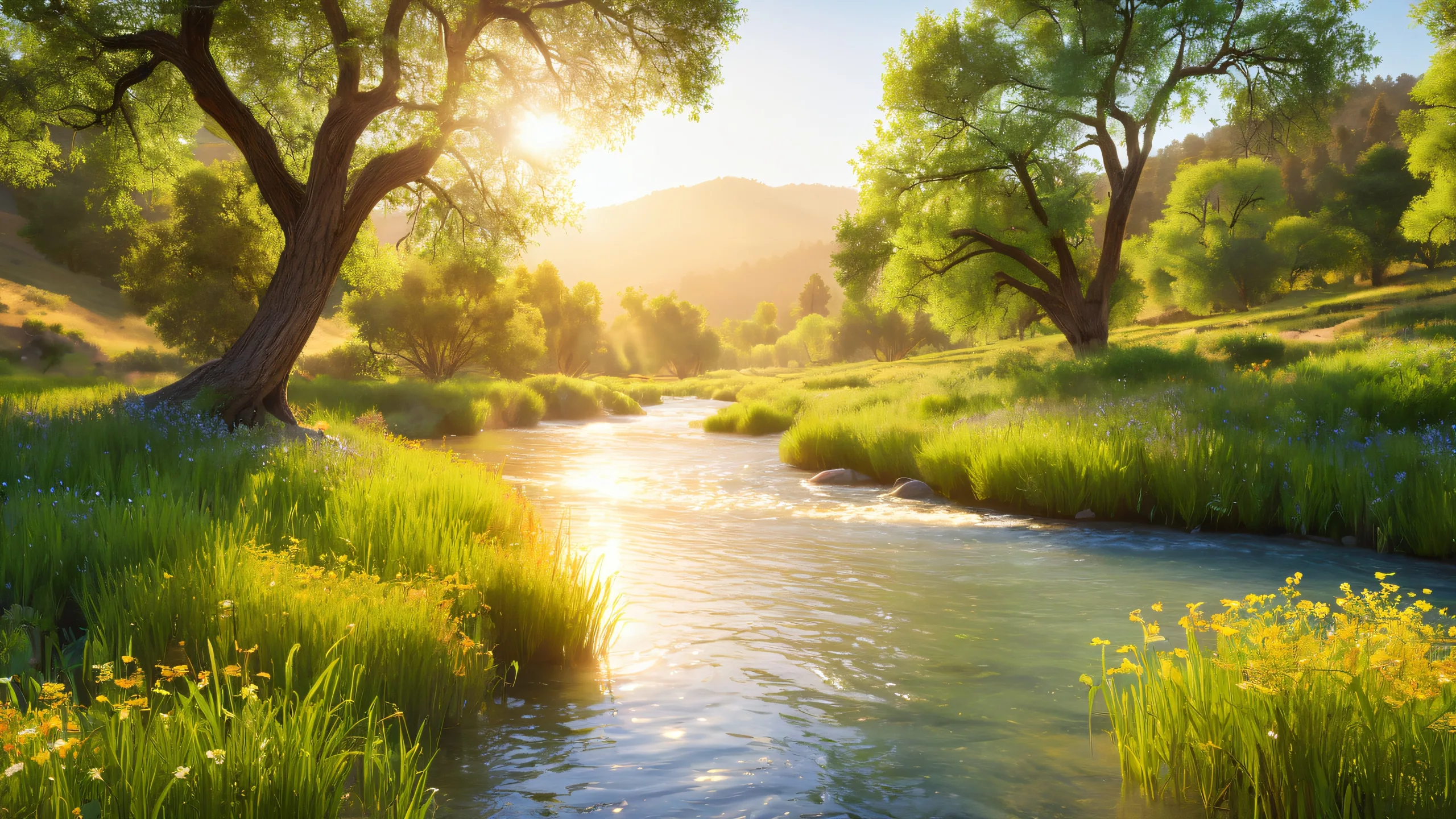 A serene meadow scene on a desktop or PC featuring rolling hills, oak trees, and the Yuba River flowing through its center.