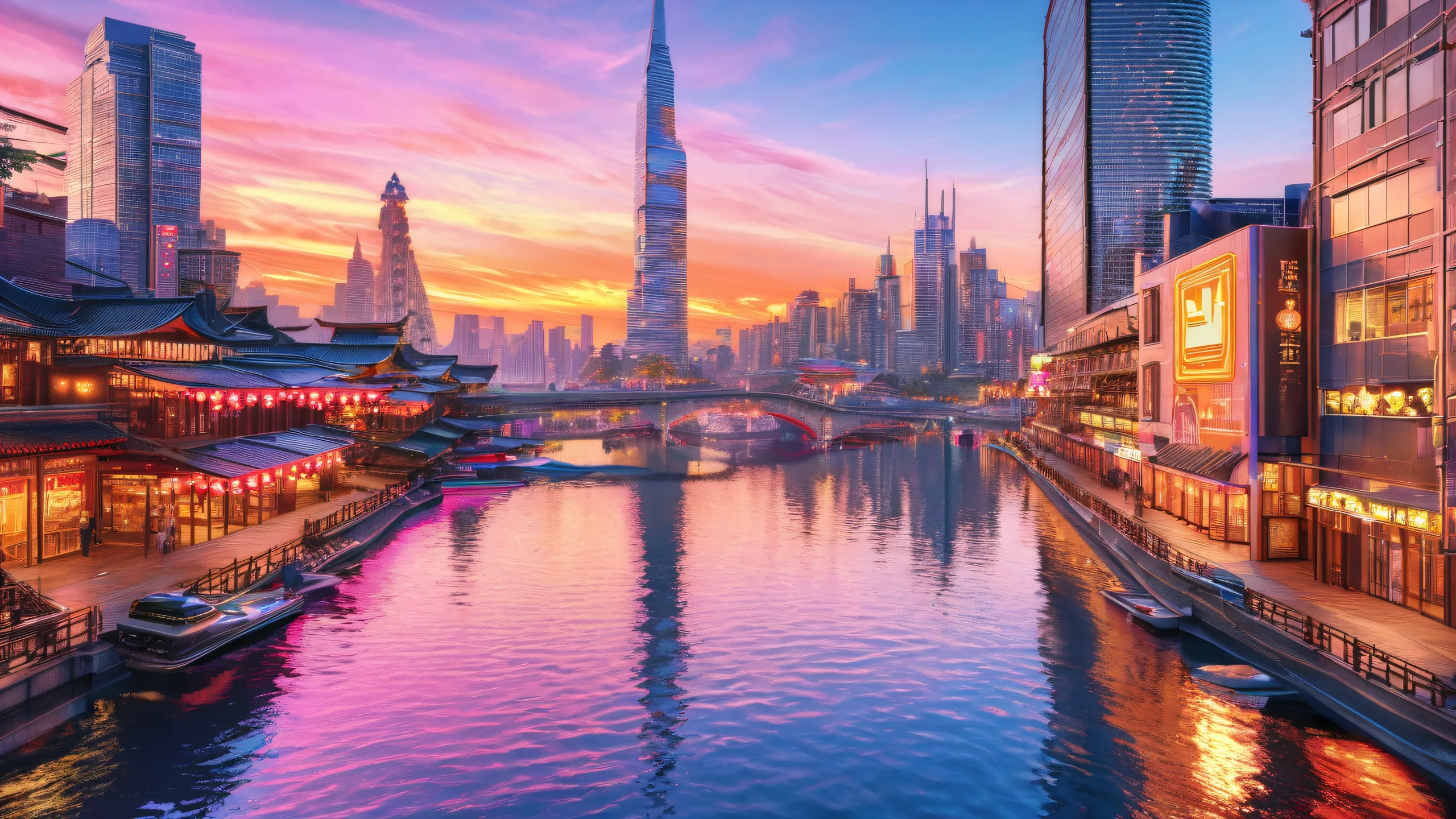 A serene metropolis at dusk with silver skyscrapers, neon-lit canals, and a man-made lake, perfect for a desktop/pc background.