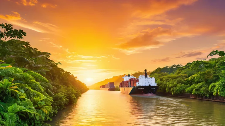 Majestic cargo vessels passing through the iconic Panama Canal, surrounded by lush tropical rainforest and greenery, set against a warm orange sunset glow.