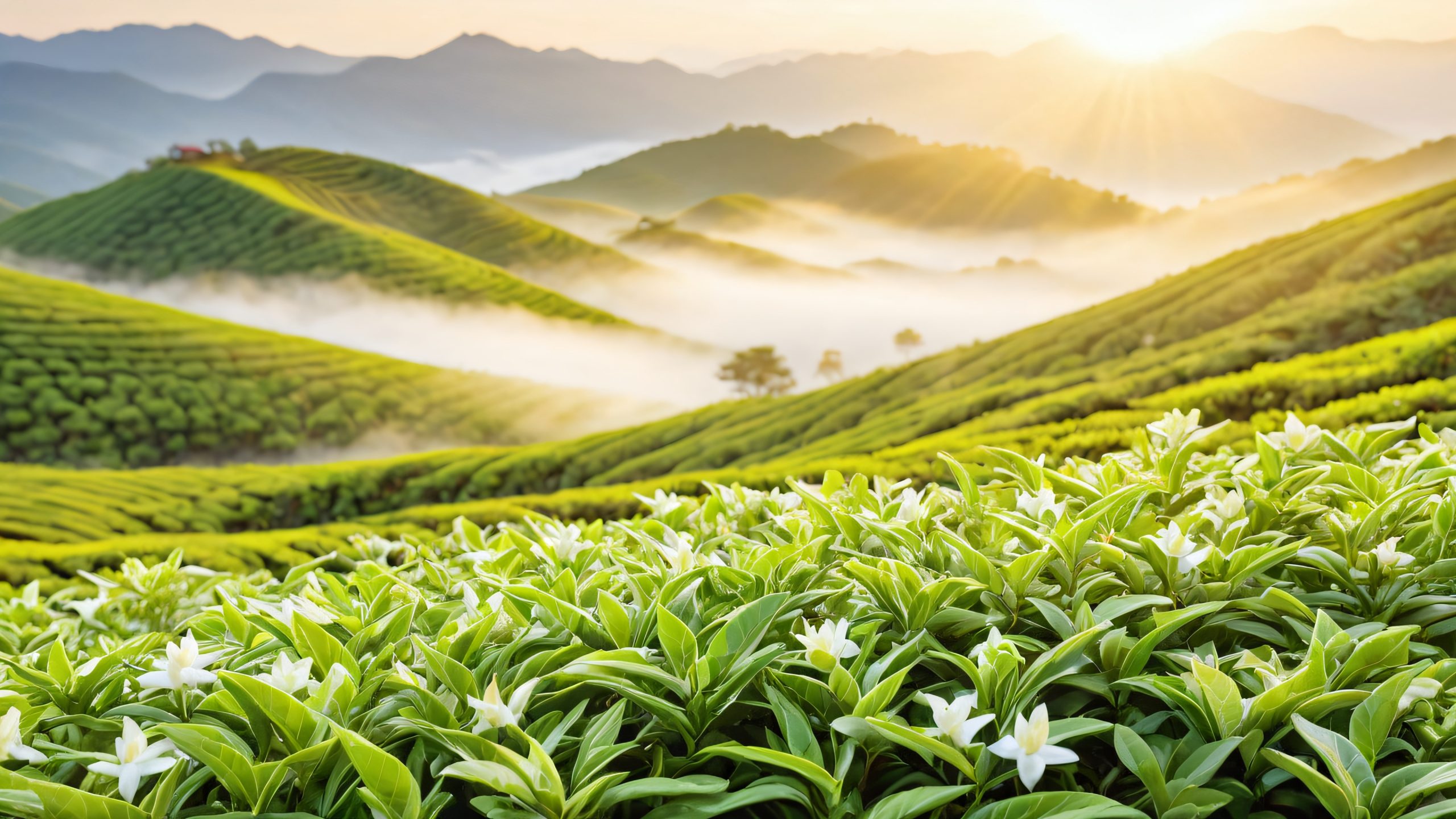 Delicate white tea leaf unfurls in a warm golden light amidst a lush emerald green tea plantation on a misty morning, suitable for desktop/pc