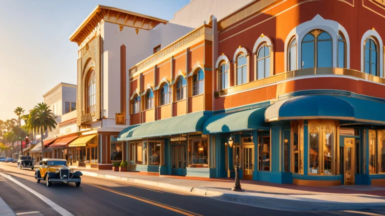 A beautiful Art Deco-inspired cityscape of upscale boutiques and historic buildings in Uptown Whittier, California, for your desktop/pc.