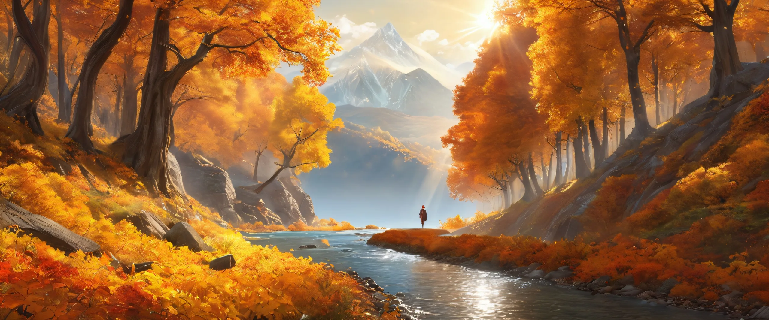 A solitary figure stands amidst autumnal serenity on a desktop or PC, with a winding mountain road, towering trees, and reflective water, illuminated by vibrant sunlight.