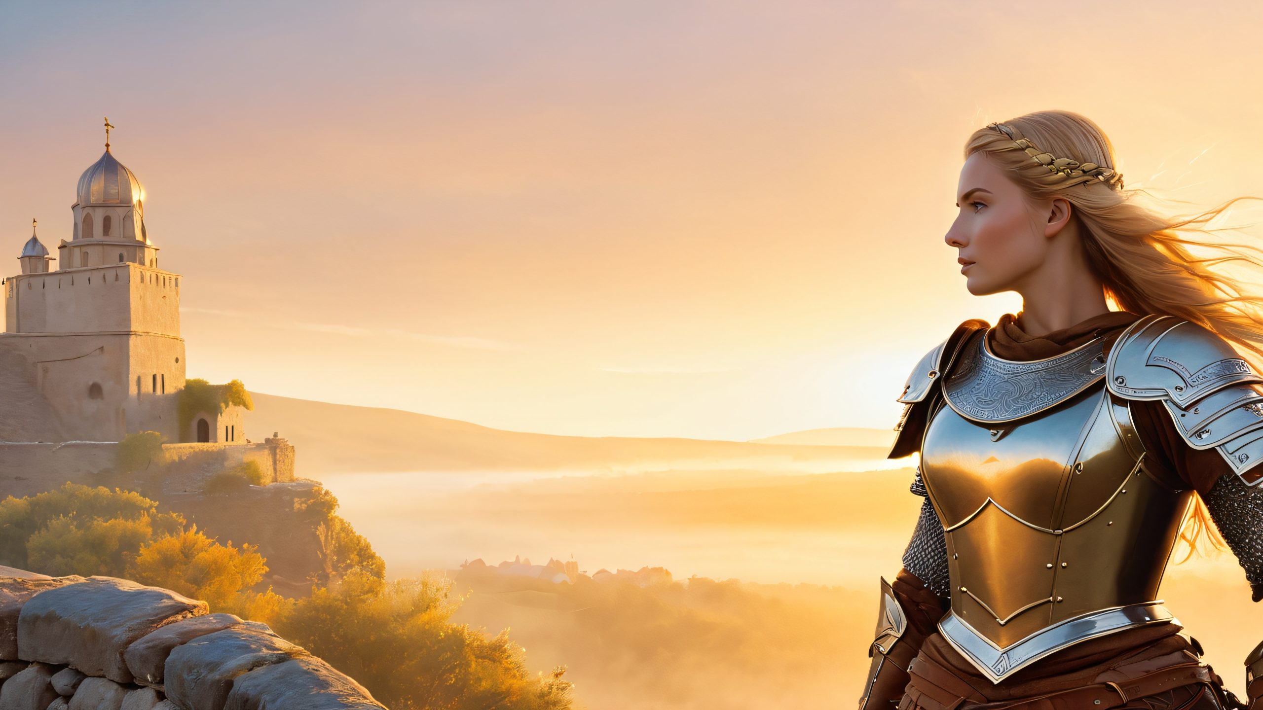 A majestic Saxon warrior maiden standing on a stone wall overlooking a misty Western Roman settlement, for desktop/pc