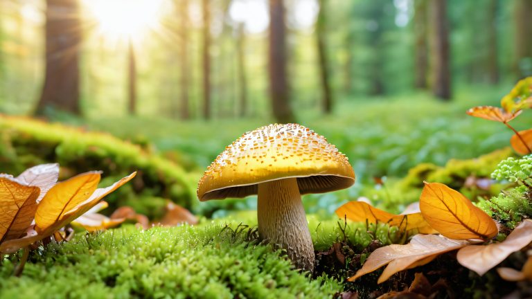 golden mushroom emerald moss autumn leaves 4k scaled