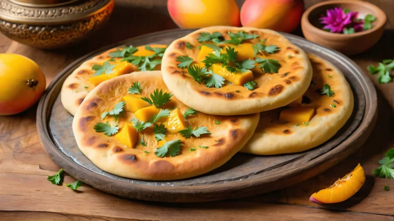 A beautifully crafted naan bread on a rustic wooden board with intricate carvings in an Indian kitchen setting for desktop or PC