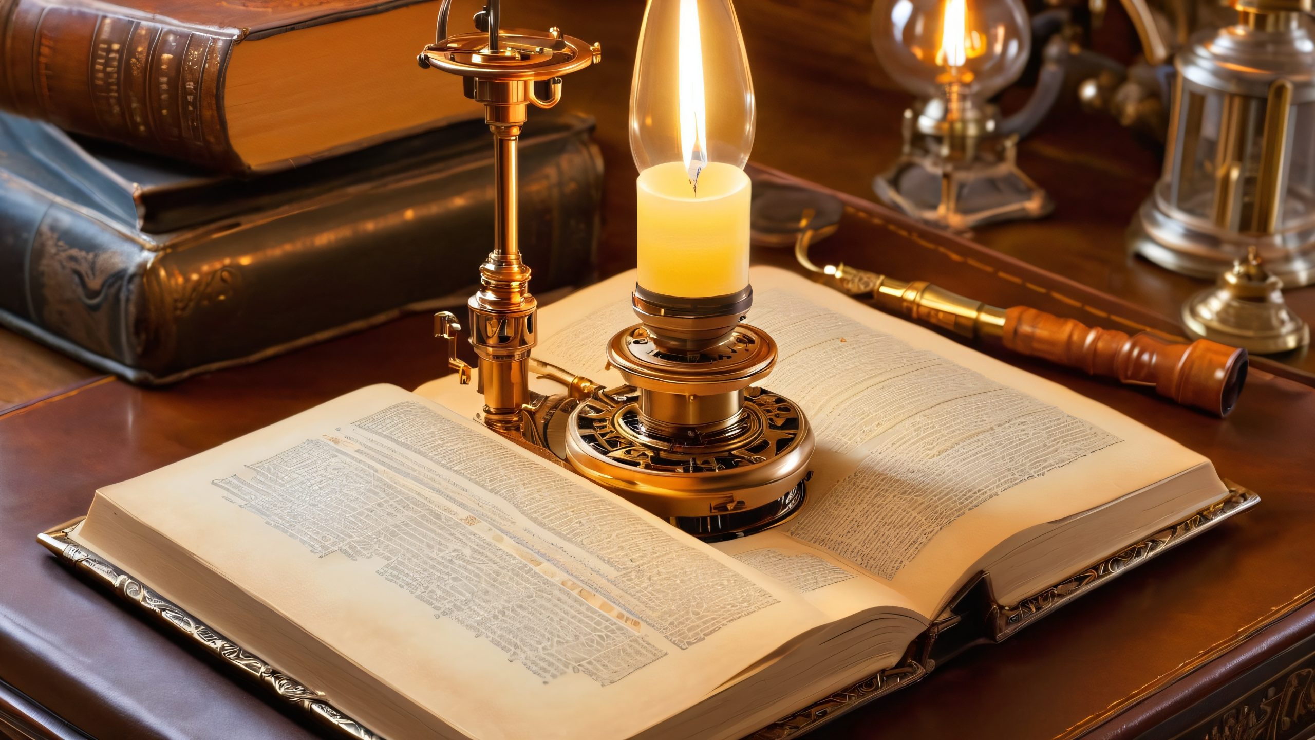 Intricate writing machine, copper filigree, leather-bound book, warm golden glow, dimly lit study, bookshelves, tomes, pipe smoke, desktop, PC