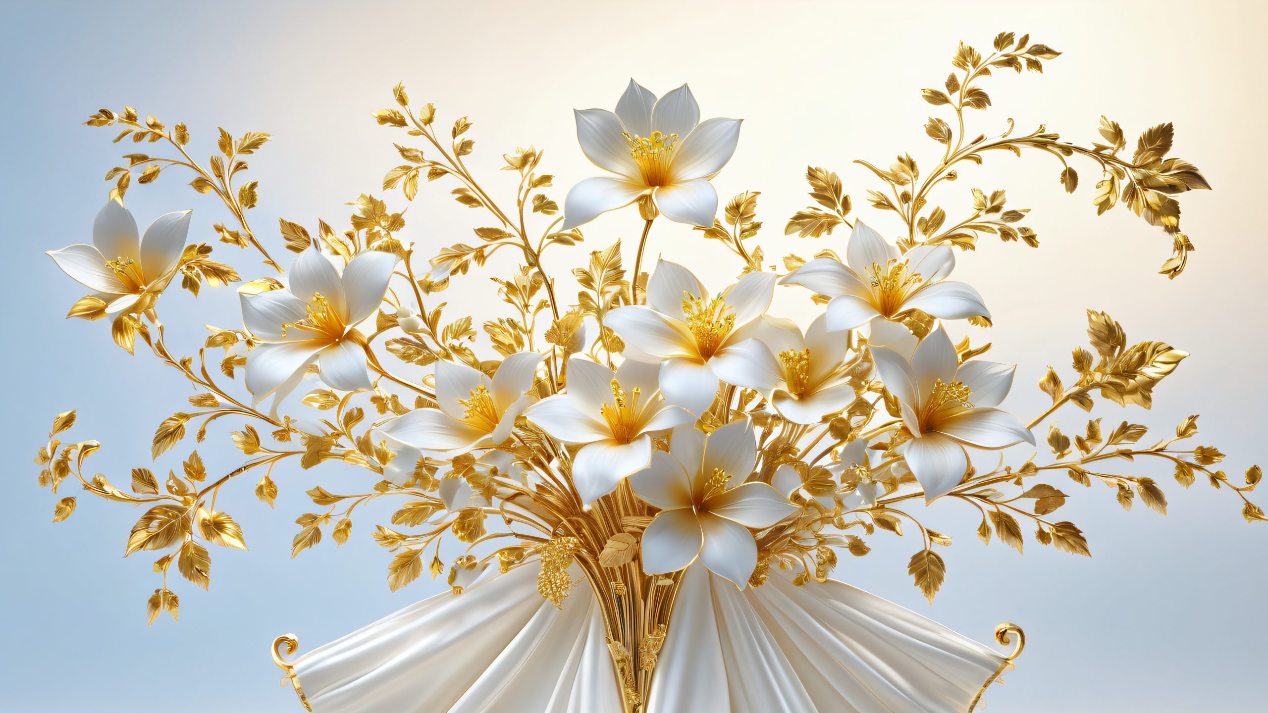 A majestic bouquet of golden flowers suspended in mid-air, surrounded by soft white silk and delicate filigree, ideal for desktop/PC
