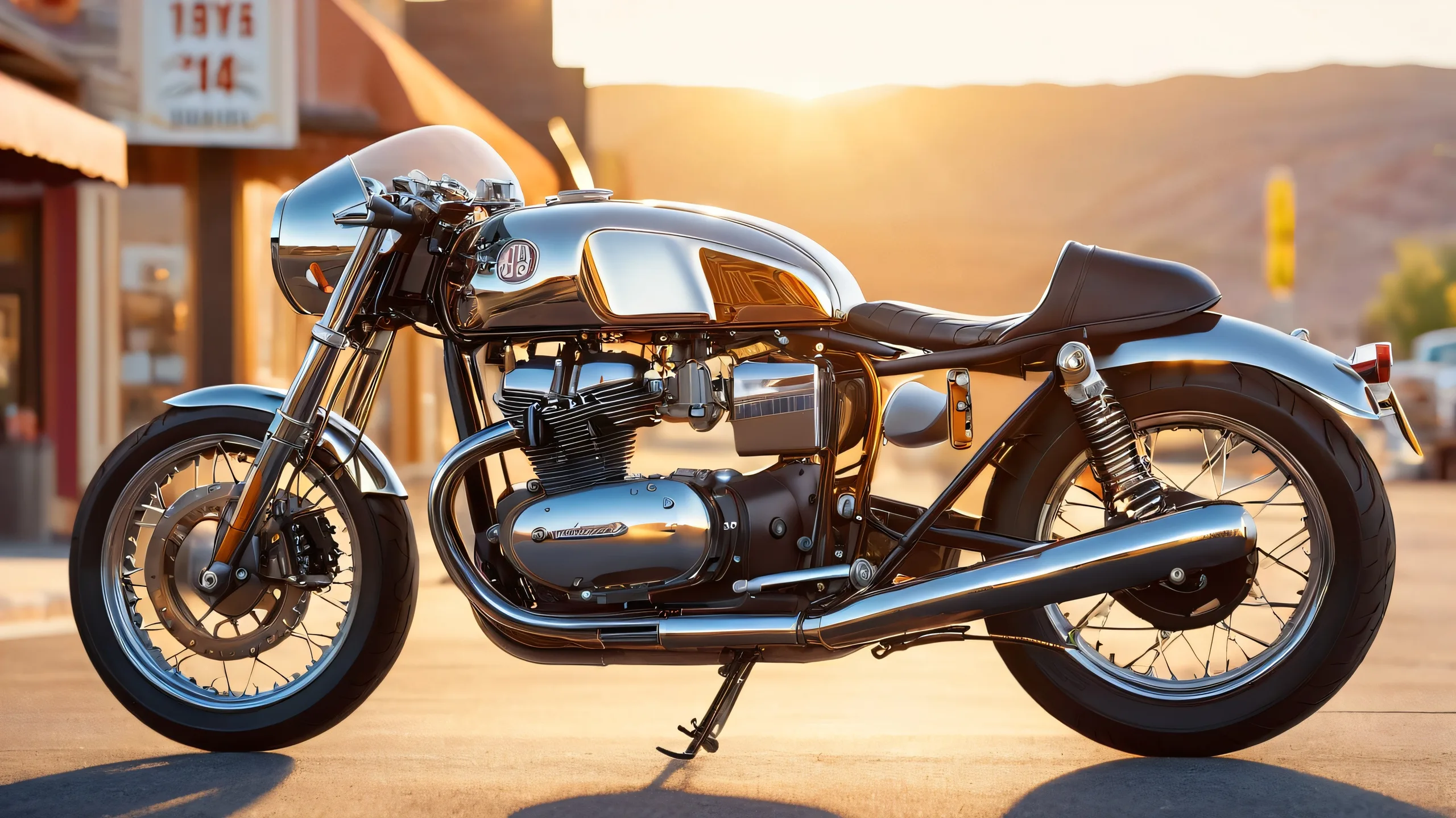 Golden Racer Sunset 4K UHD Wallpaper Gleaming cafe racer motorcycle on a dusty parking lot or main street with warm golden lighting and vintage-style hubcaps. Desktop/PC background.