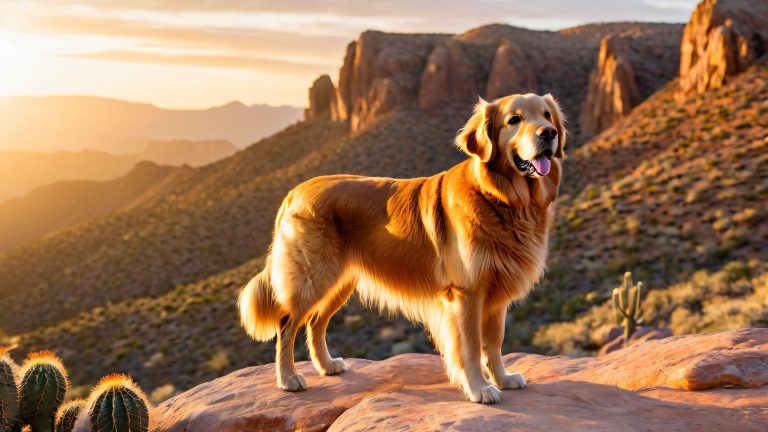 golden retriever debout au coucher du soleil aventure papier peint à l'échelle