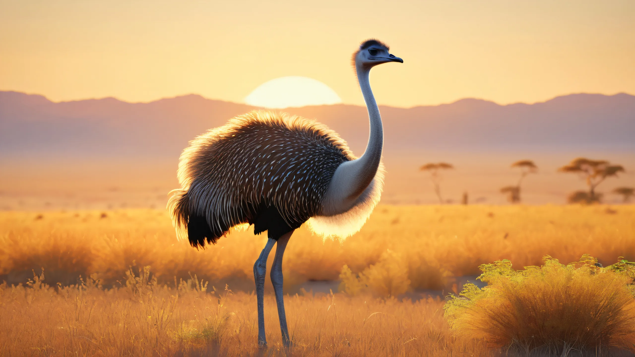 Stunning Golden Savannah Ostrich 4K Wallpaper Majestic ostrich with intricately textured feathers on a desktop or PC background, featuring a serene grassland landscape with sun-kissed hues and wispy clouds.