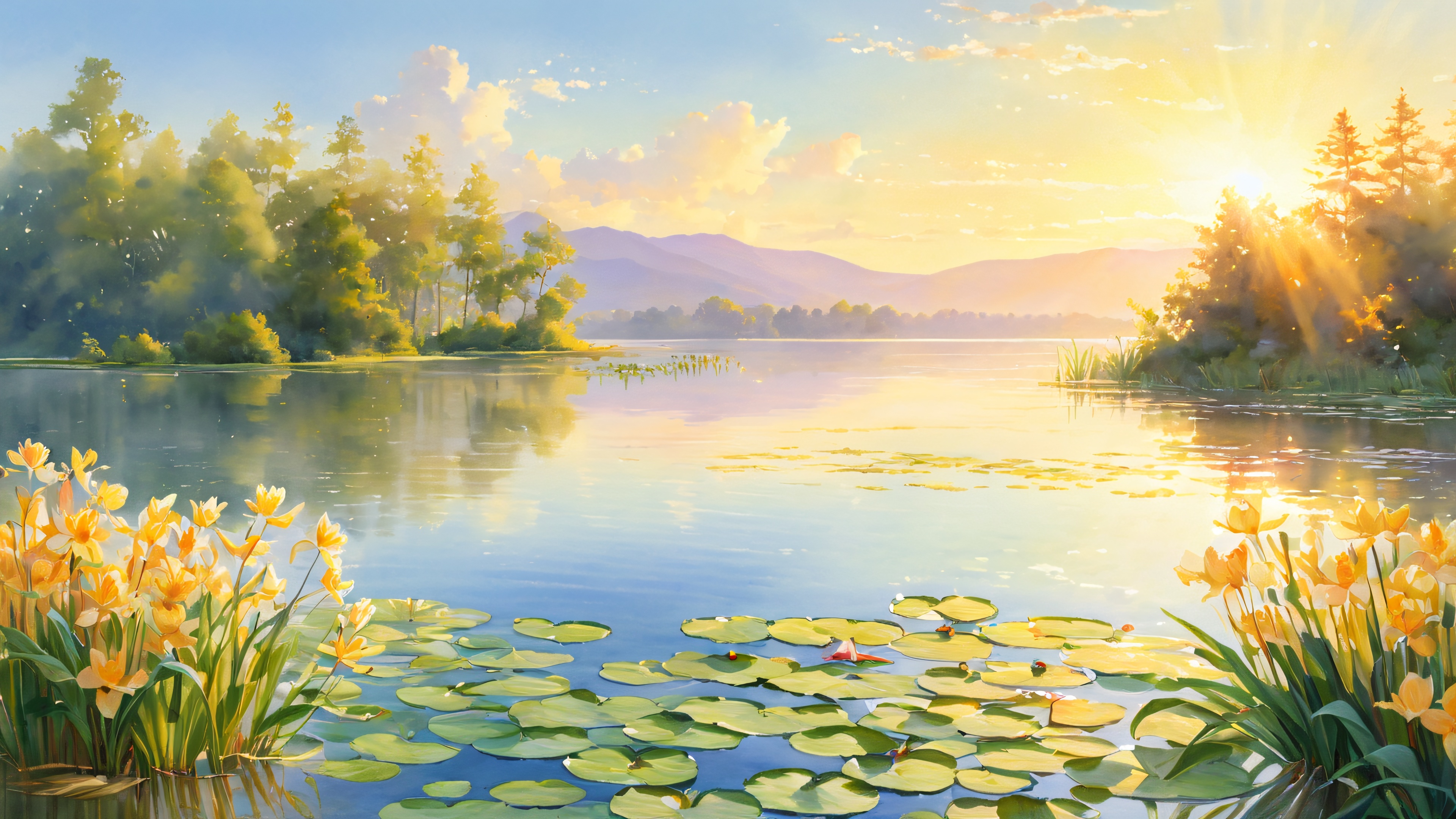 A serene lakeside scene with golden sunlight dancing across the water, surrounded by lush greenery and misty mountains.