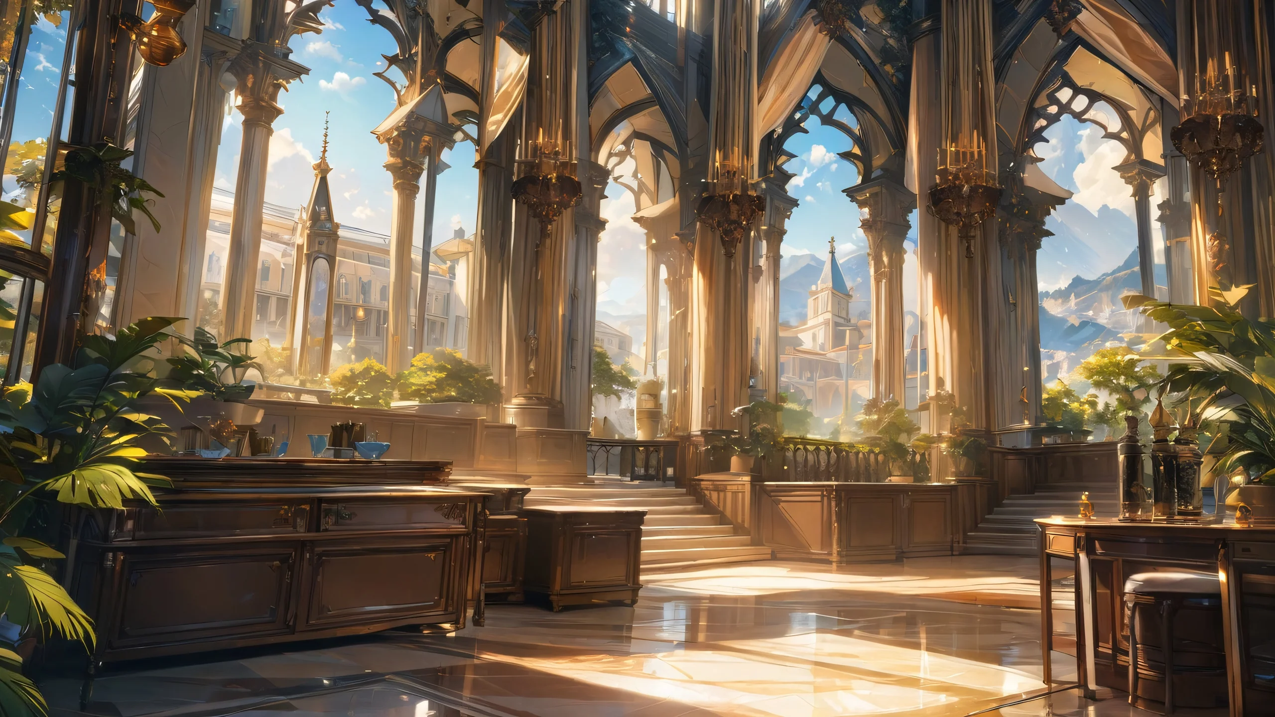 A serene anime-inspired scene with a green and yellow color palette, featuring intricate details and textures.