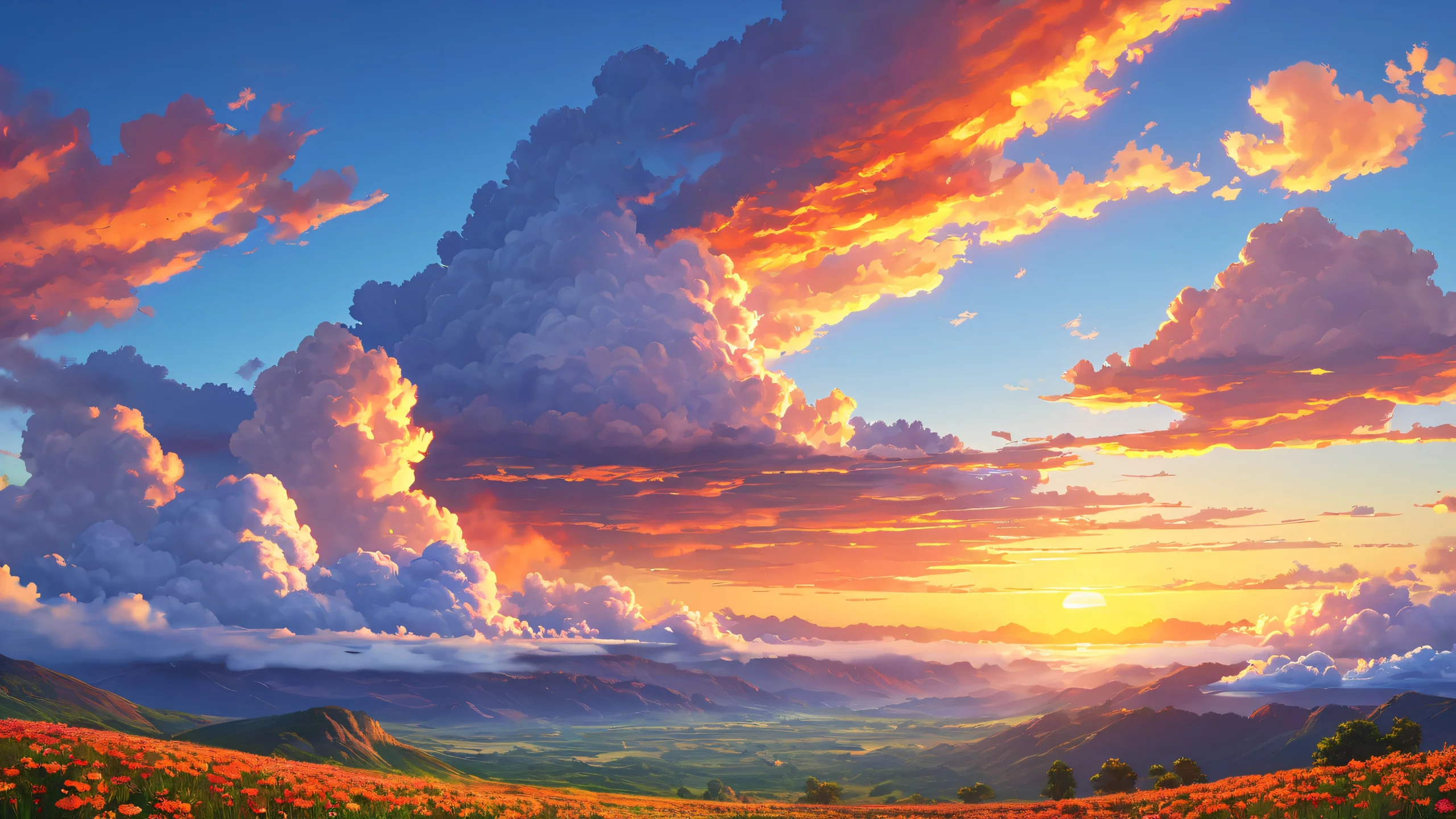 A serene sunset landscape illustration featuring soft and warm clouds against a vibrant orange sky.