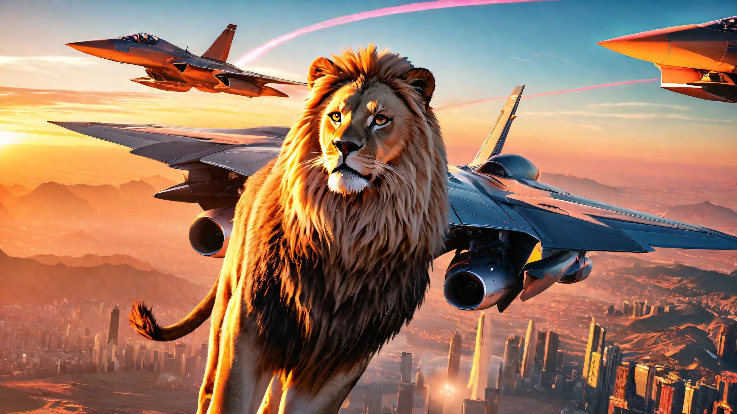 Golden Sunset on Earth 4K UHD Widescreen Majestic lion against sunset backdrop on a desktop/PC with cityscape of New Edwards in the distance.