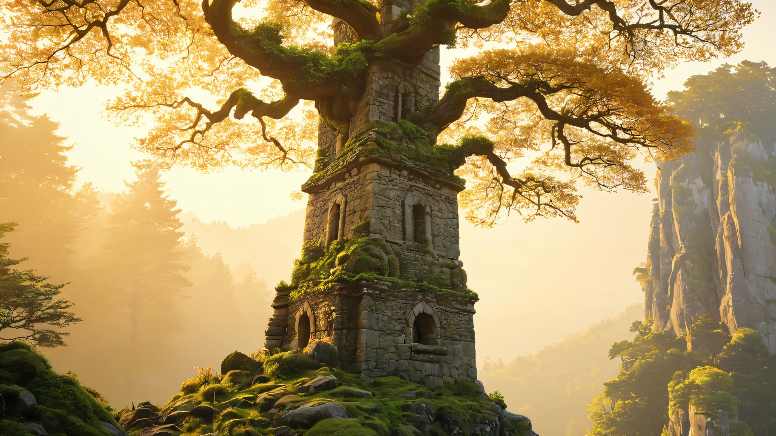 Ancient stone tower rises into the sky with golden light and misty forest