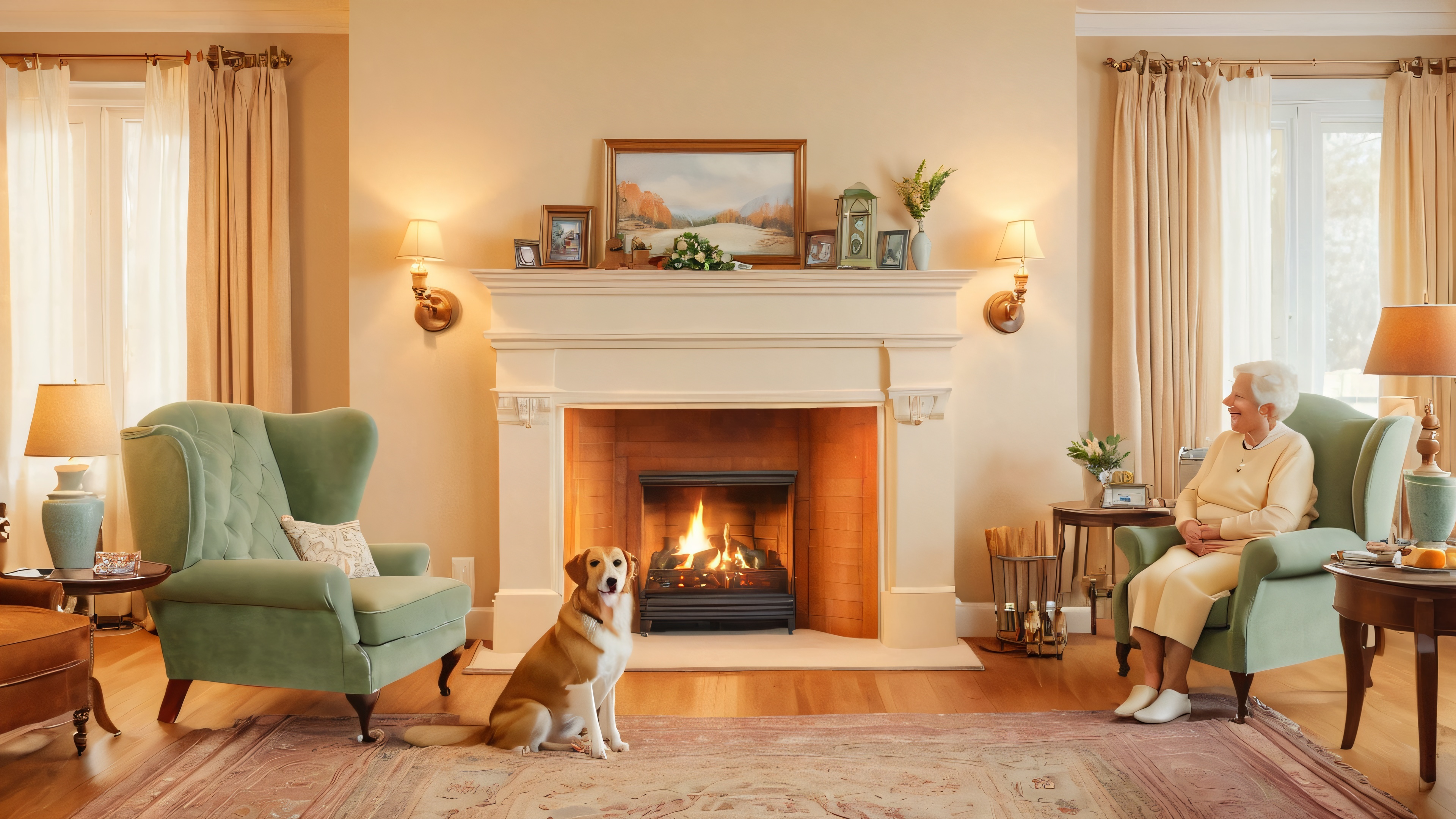A group of seniors sharing stories by the fireplace with their loyal canine companions in a cozy living room.