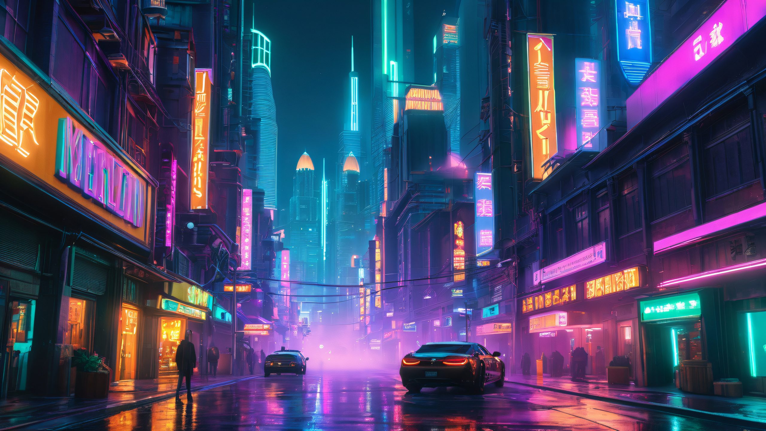 A bustling, neon-lit metropolis with towering skyscrapers and sleek architecture, suitable for a desktop or PC background.