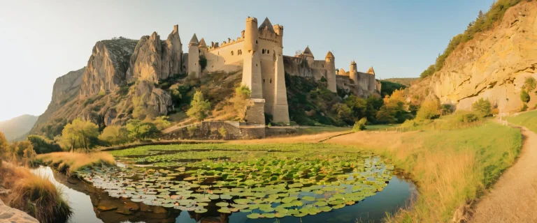 Breathtaking fantasy desktop wallpaper of a medieval castle at sunset on a serene lake with lush greenery and rugged rock formations, suitable for any Desktop/PC.