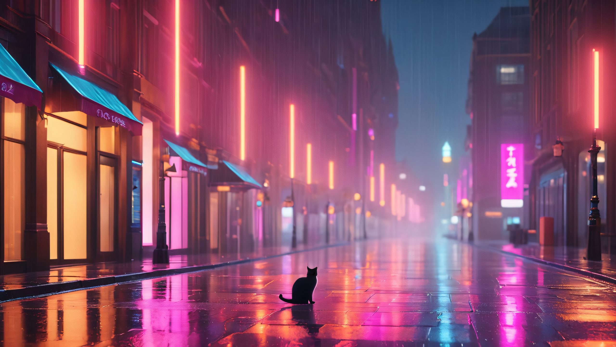 Aesthetic Gothic City Night Background A gothic-inspired skyscraper at night on a rainy city street with a cat and neon lights.