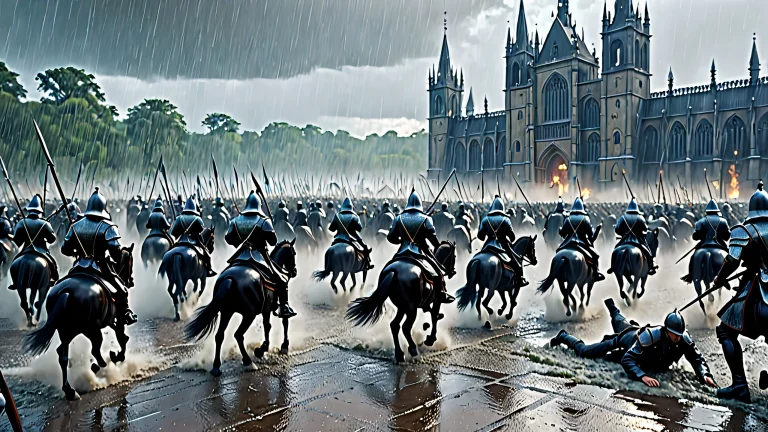 A dark and mystical battle scene featuring gothic architecture and fantasy creatures amidst a rainy backdrop, with soft shadows and subtle tonal variations.