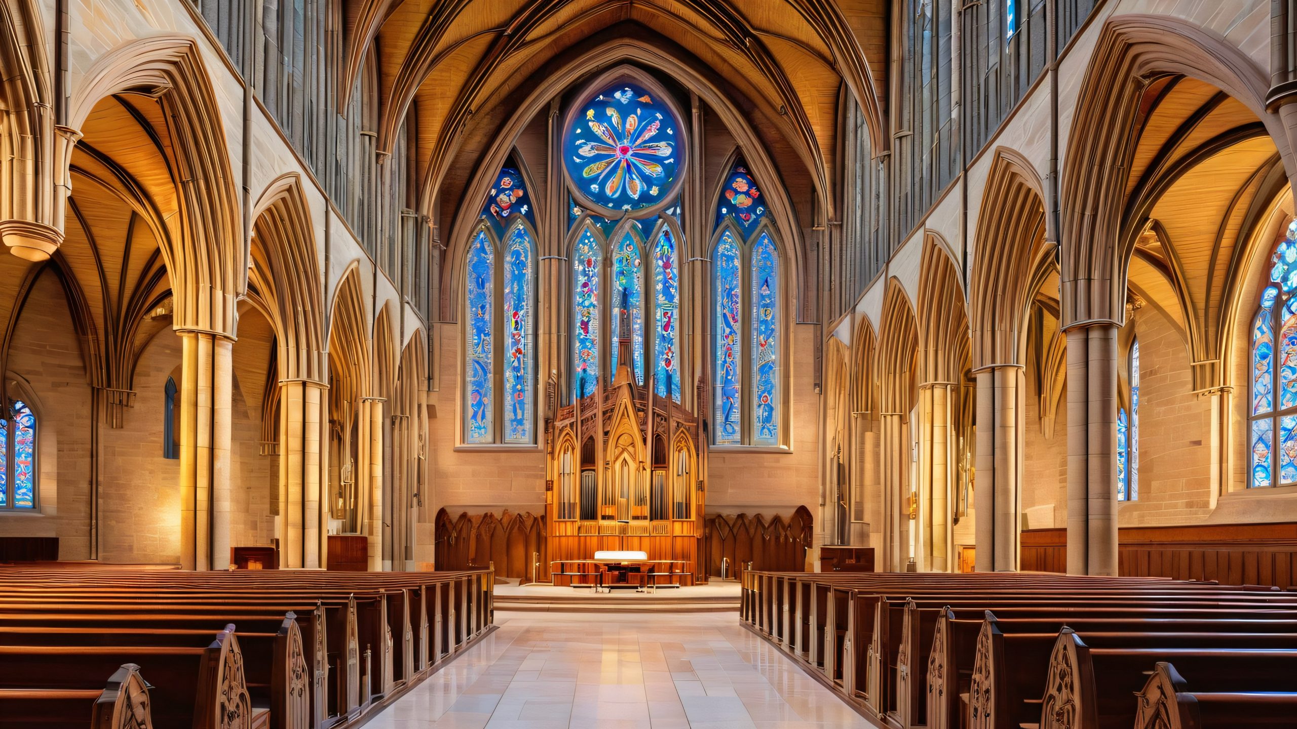 Majestic Anglican cathedral with intricate stone carvings, stained-glass windows, and Gothic Revival-style nave, suitable for desktop/pc backgrounds