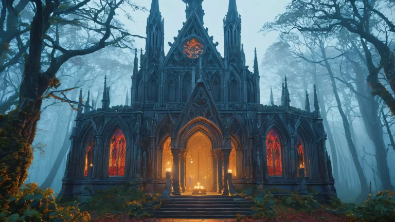 A decrepit gothic-cathedral-turned-mausoleum amidst a misty twilight forest with entombed skeletal remains and candlelight, adecuado para escritorio/PC.