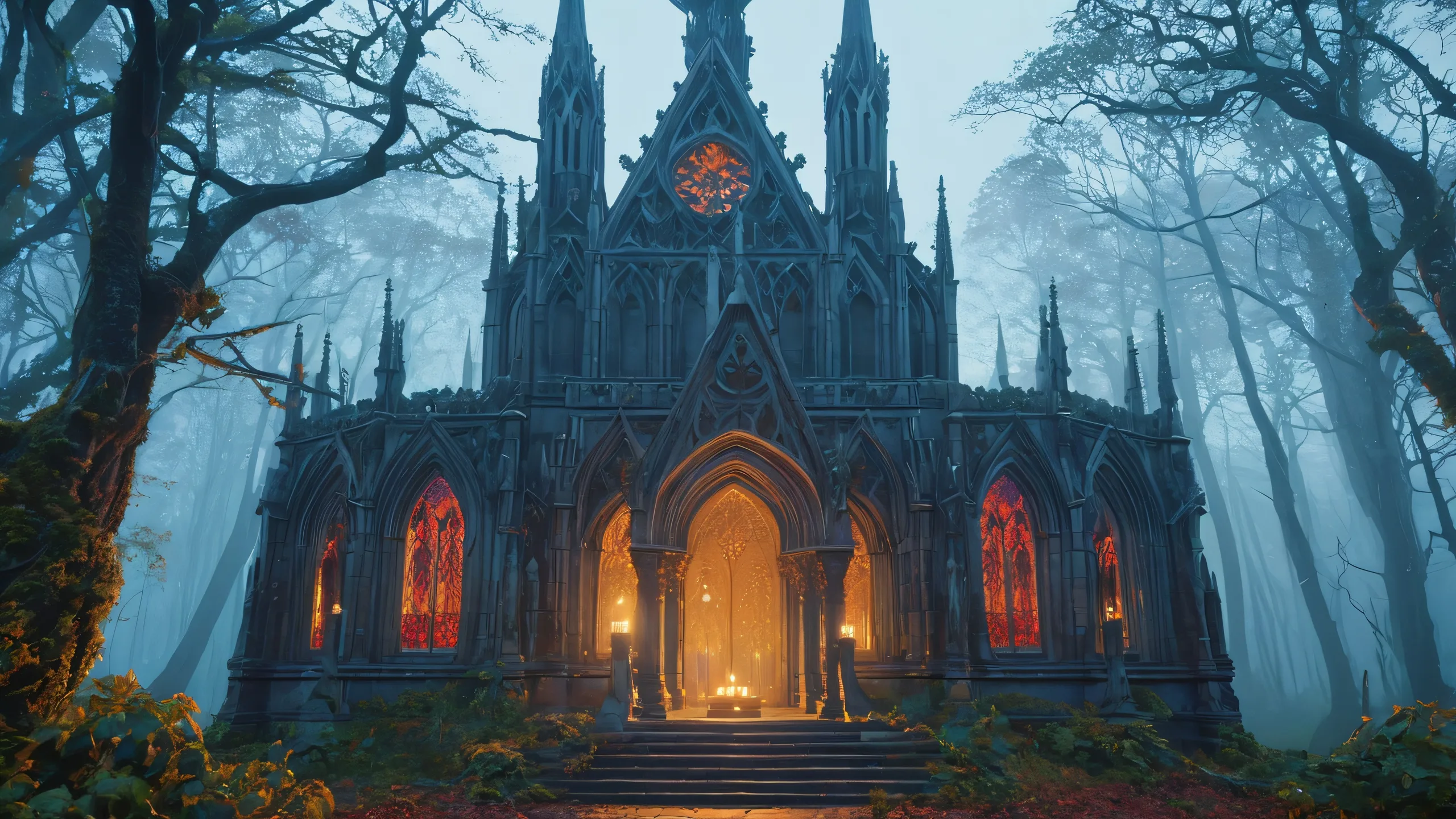 A decrepit gothic-cathedral-turned-mausoleum amidst a misty twilight forest with entombed skeletal remains and candlelight, suitable for Desktop/PC.
