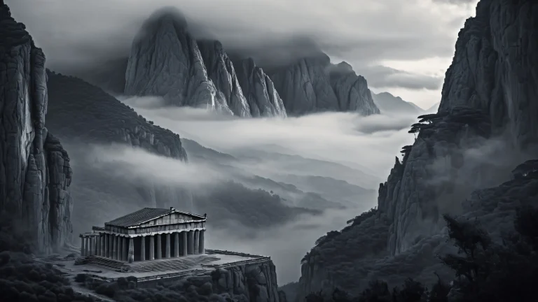 A majestic Greek temple stands amidst a dark fantasy forest with grey fog and atmospheric mountains in the distance, perfect for your desktop or PC.