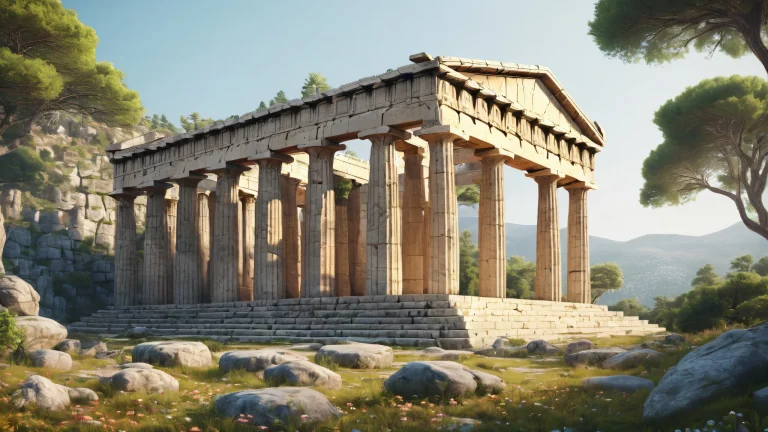 A majestic Greek temple emerges from the depths of a dark forest on a desktop or PC screen.