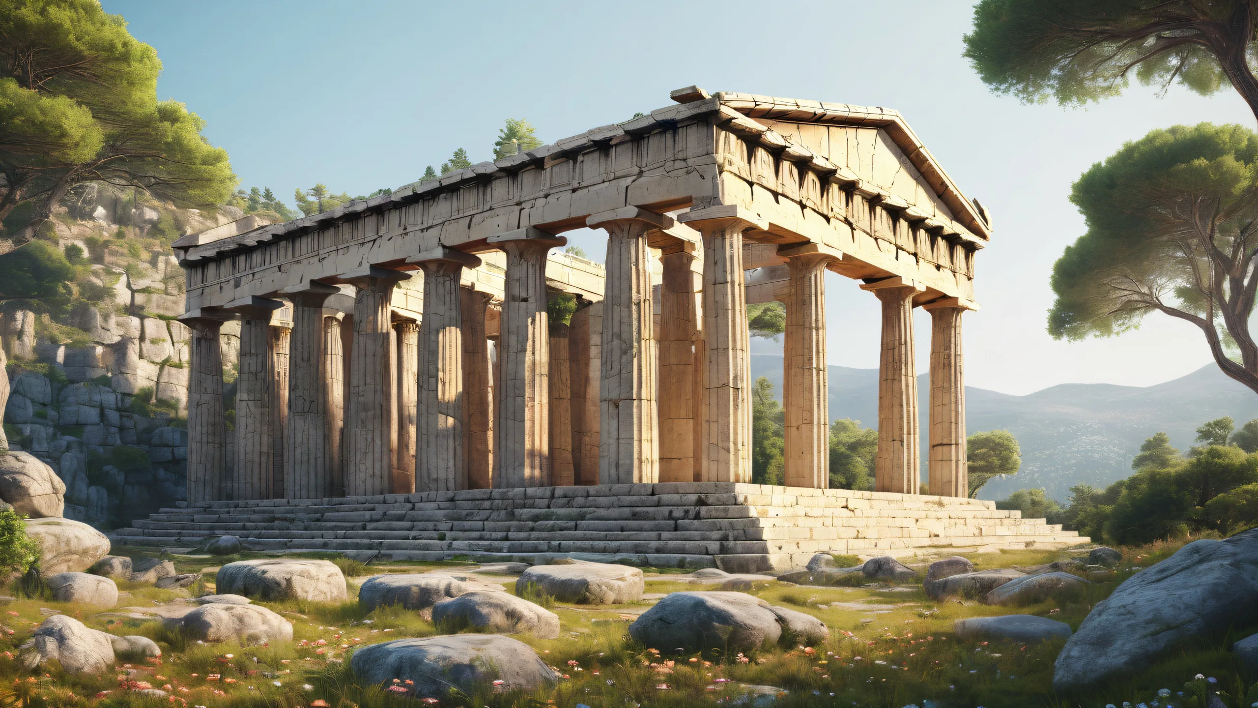 Stunning Whimsical Greek Temple Overture Wallpaper A majestic Greek temple emerges from the depths of a dark forest on a desktop or PC screen.