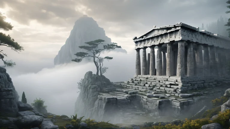 Greek temple in a dark forest with grey fog and distant atmosphere for Desktop/PC