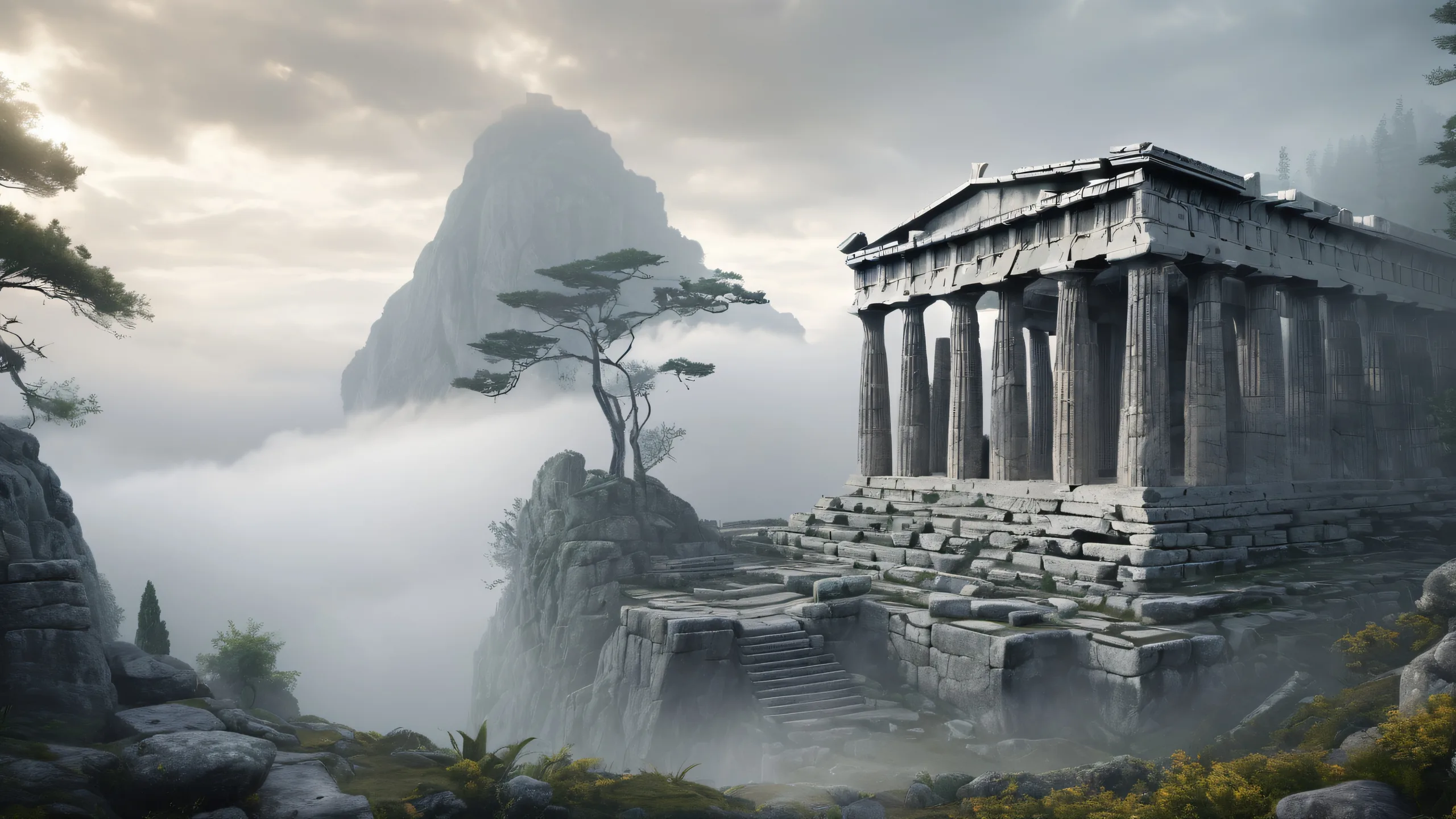 Ethereal Temple Awe 4K UHD Wallpaper Greek temple in a dark forest with grey fog and distant atmosphere for Desktop/PC