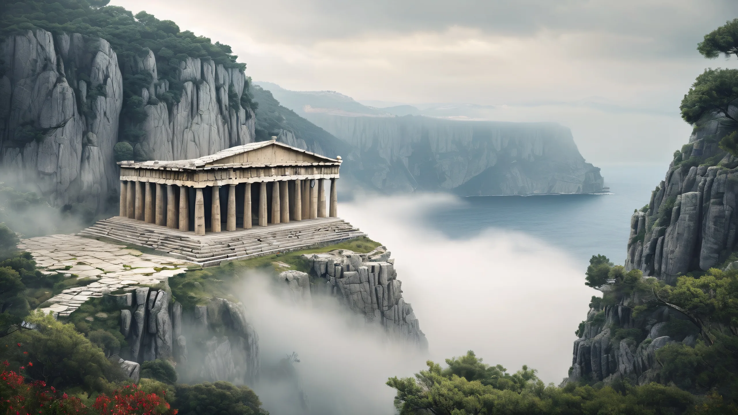4K Ethereal Temple of Secrets Desktop Background Breathtaking Greek temple desktop wallpaper with dark forest and sea view for PC/ Desktop use. Image description for screen readers.