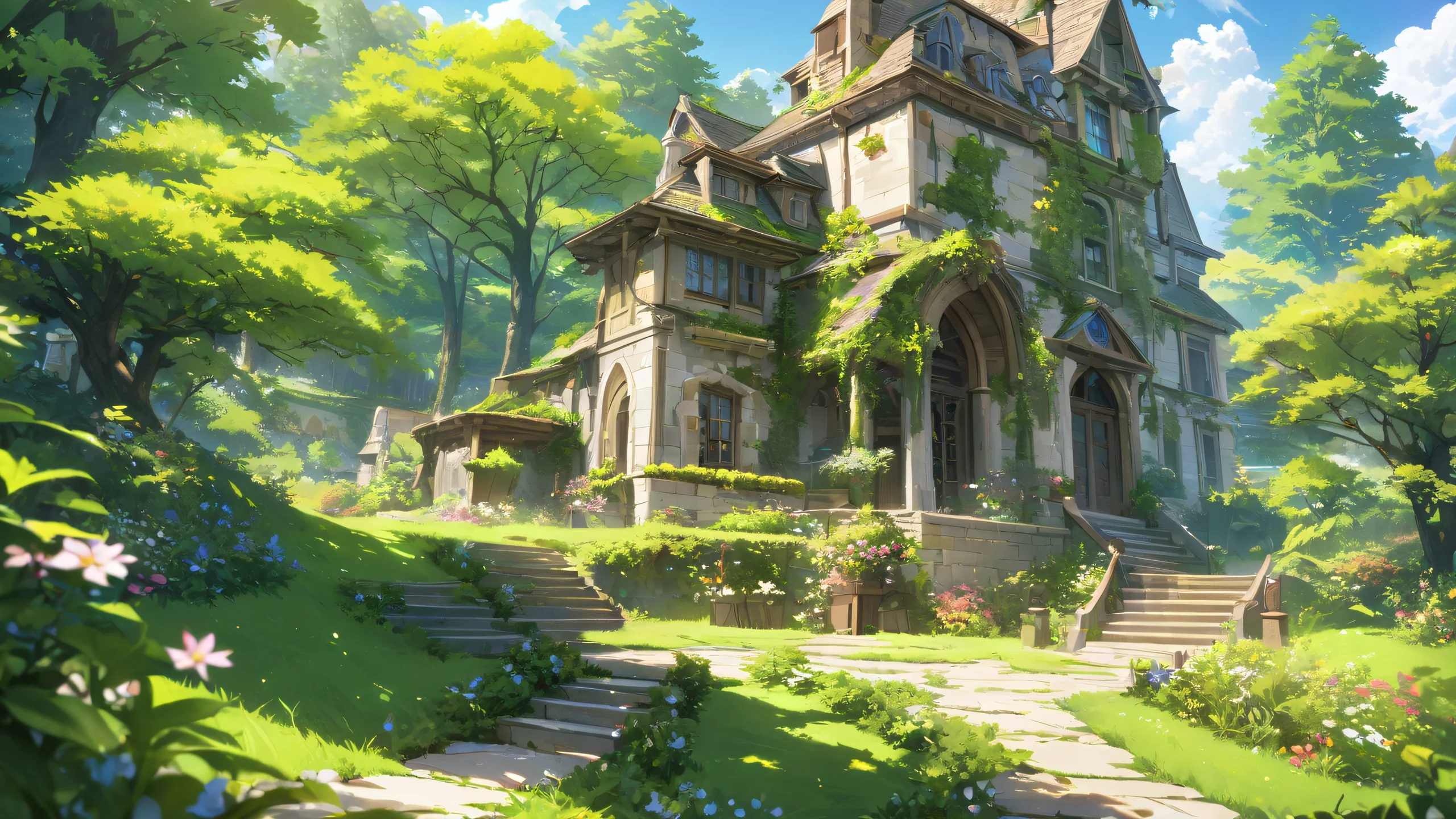 Vibrant Green Goddess Aesthetic PC Wallpaper Image of a green-haired character in an outdoor setting with vibrant colors and intricate details.