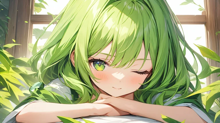 Anime girl with green hair and closed eyes in a serene environment.