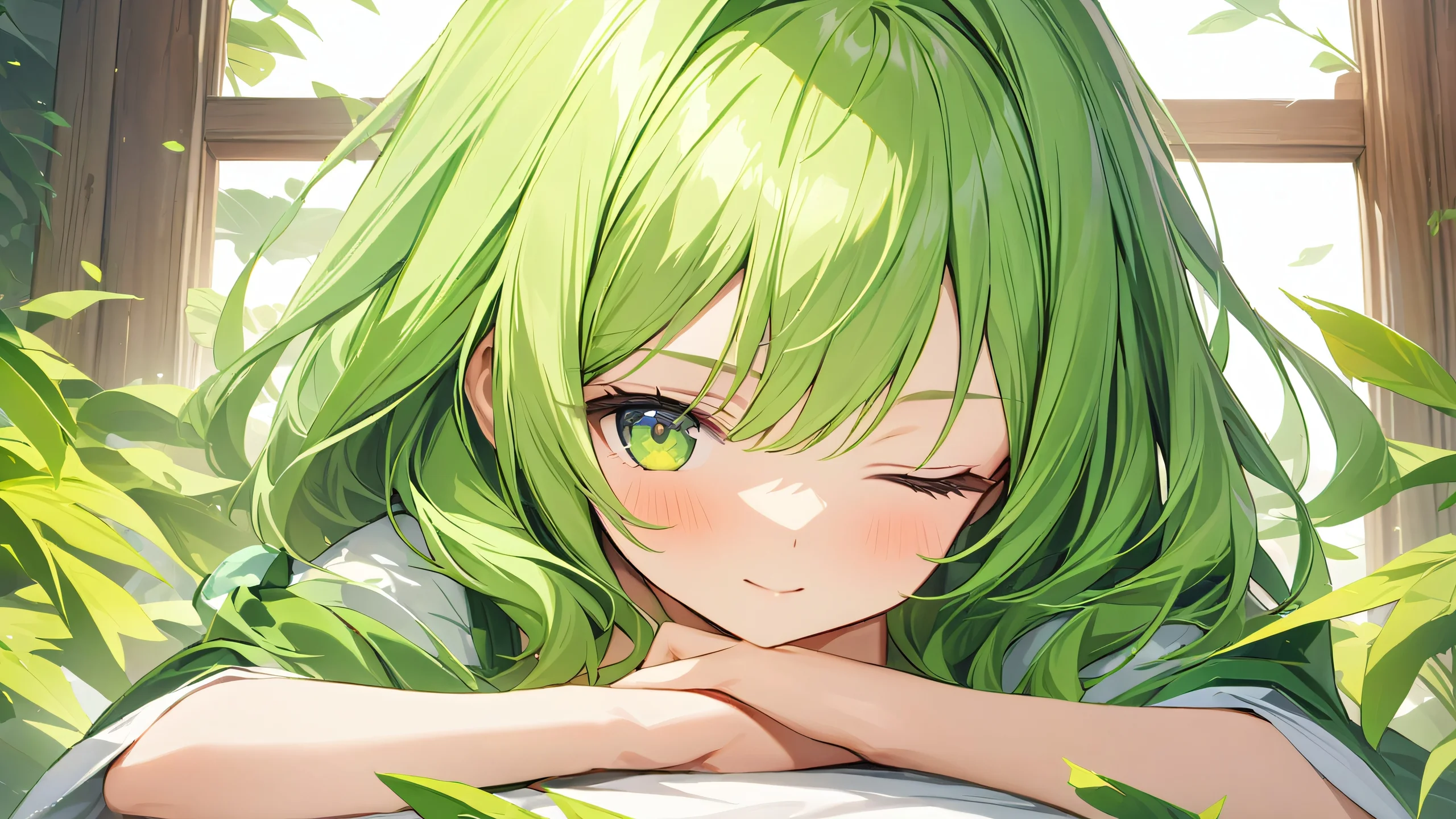 Green Haired Serenity 4K Desktop Wallpaper Anime girl with green hair and closed eyes in a serene environment.