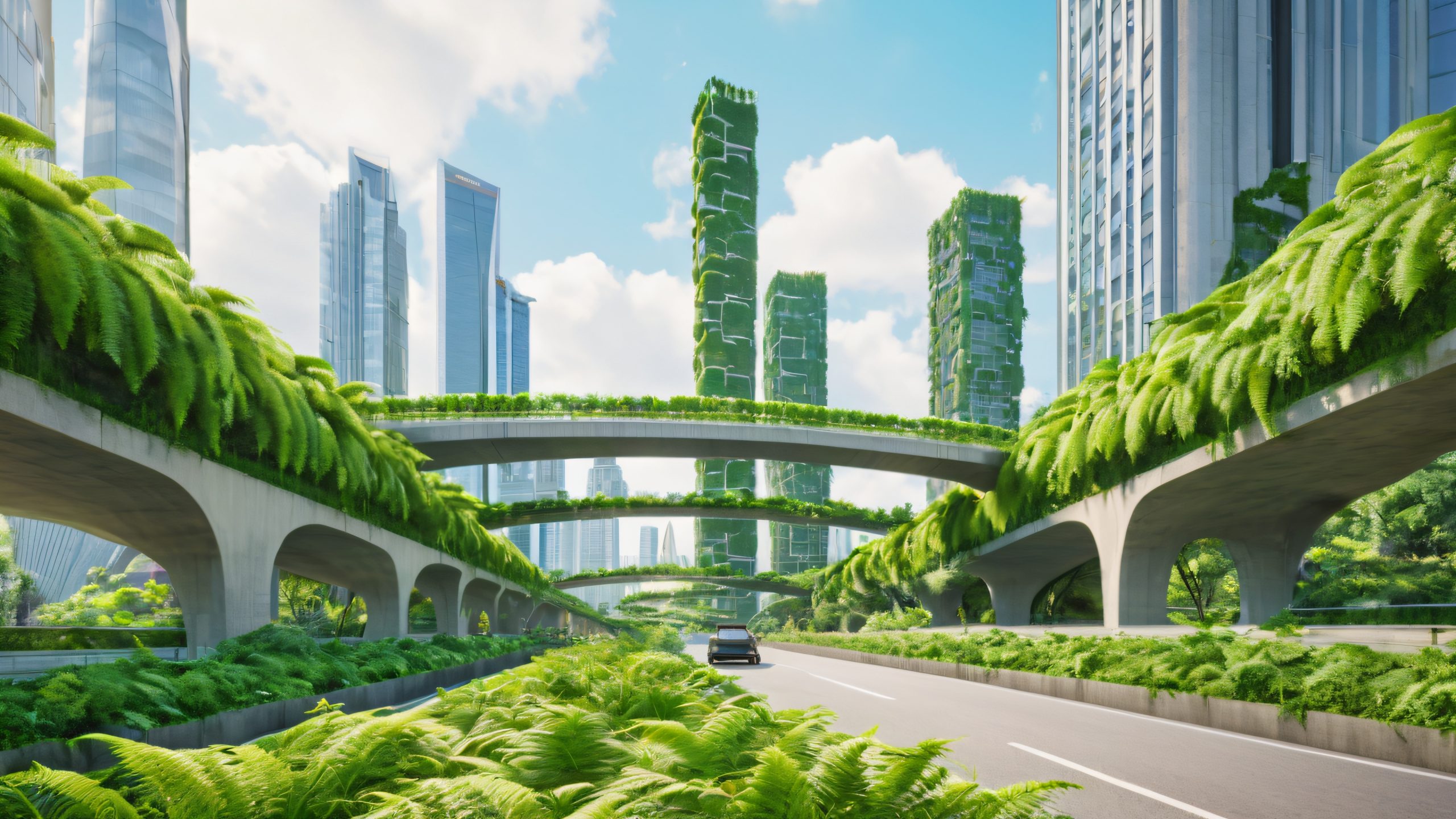 A lush, verdant overpass in Chengdu, China, with vines, moss, and ferns, perfect for a desktop/pc background.