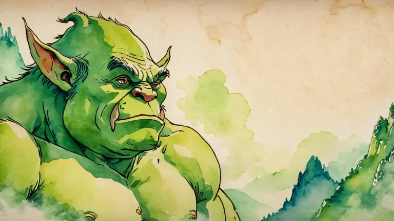 A fantastical image of a green ogre surrounded by aged paper and watercolor ink.
