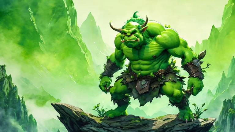 Breathtaking fantasy artwork of a green ogre in a dark fantasy setting, created using watercolor-ink hybrid techniques.