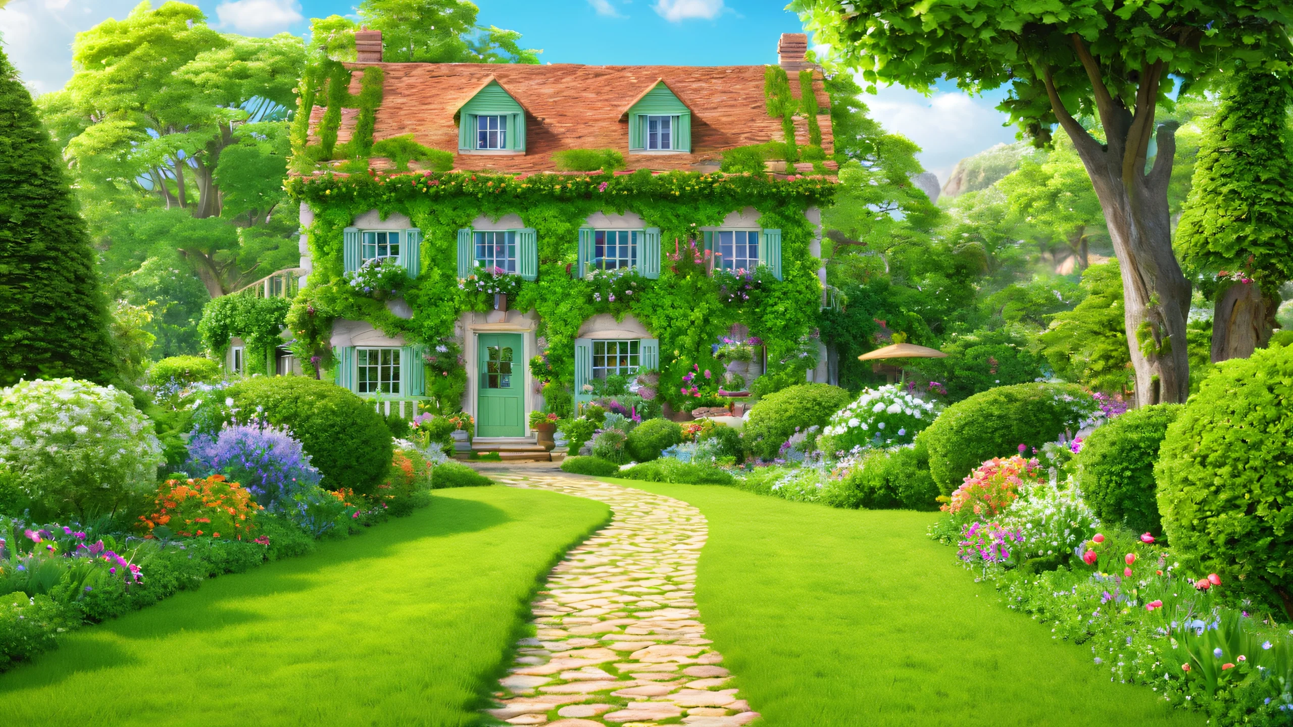 4K Green Path Masterpiece Wallpaper for PC/Mac A serene and vibrant 4K image of a winding path surrounded by lush greenery and a beautiful house in the distance.