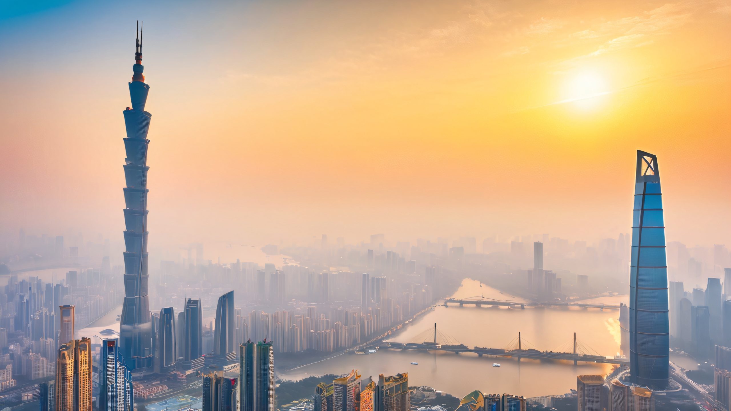 Guangzhou cityscape at sunrise, with the Canton Tower and misty morning fog, suitable for desktop/PC