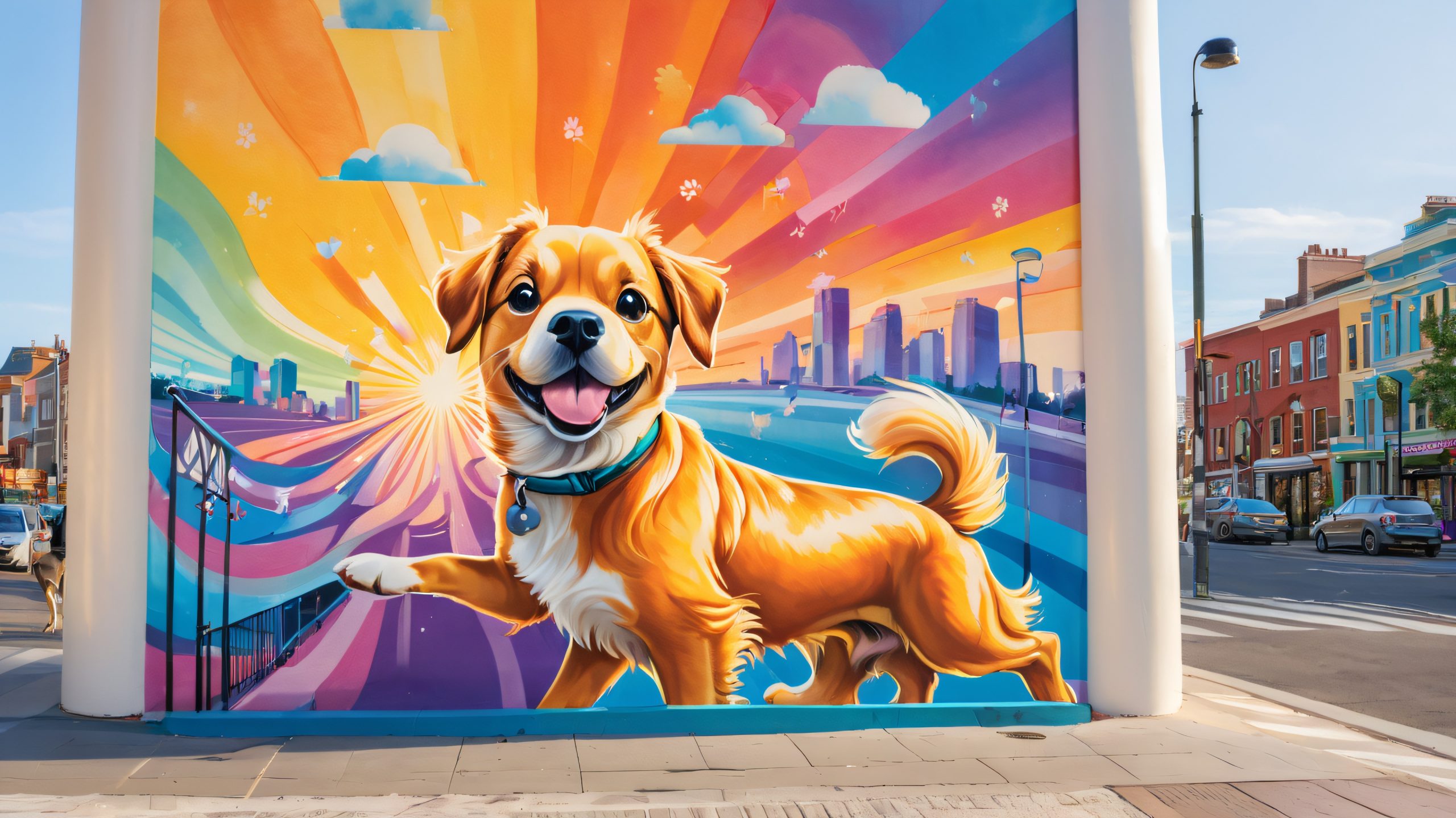 Colorful street art mural of a dog and owner walking hand in hand, with playful patterns, waste bags, and the phrase'Pick Up After Your Pooch' incorporated. A sunny urban street scene with pedestrians in the background, perfect for a desktop PC.