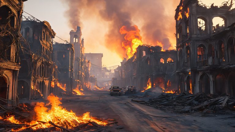 haunting inferno gothic cityscape amidst flames 4k desktop background scaled